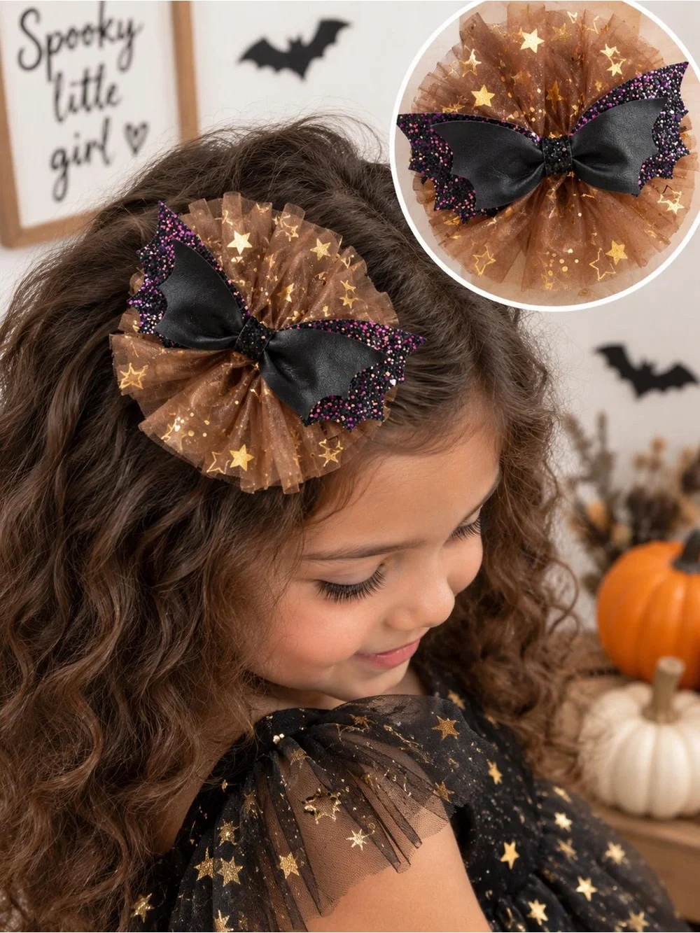 Halloween Hair Clips for Girls, Bat Bow Hair Clip, Moon & Bat Clip, Spooky Tulle